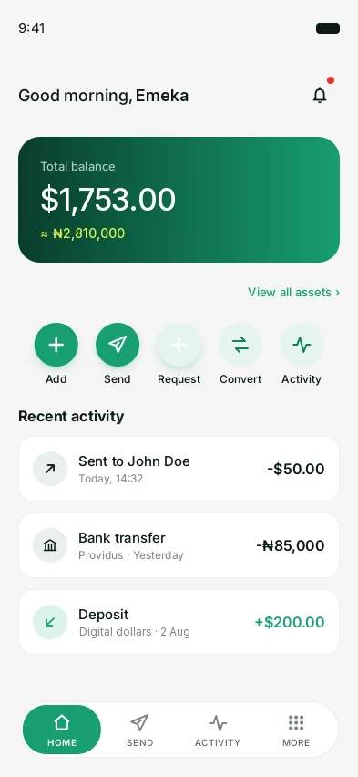 La pantalla de inicio de la app NuoCash: un saldo en dólares con su equivalente en naira, cinco acciones rápidas — añadir, enviar, solicitar, convertir, actividad — y la actividad reciente, incluido un pago con tarjeta.